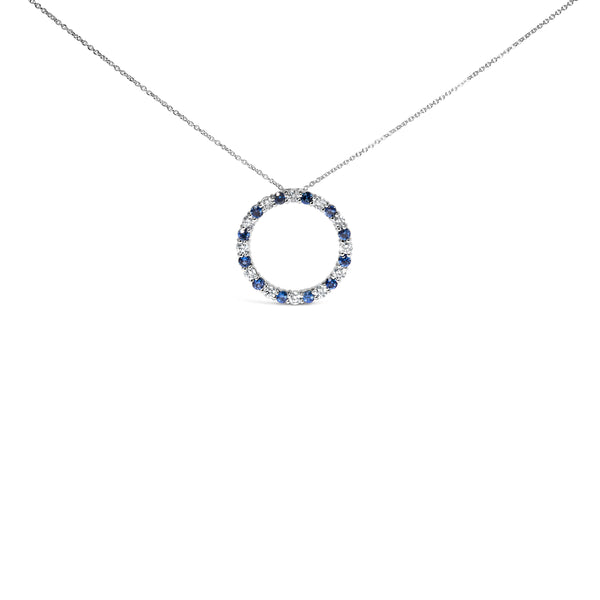 14K White Gold 2 3/5 Cttw Alternating White Diamond and Blue Sapphire Eternity Circle 18" Pendant Necklace (I-J Color, SI1-SI2 Clarity)