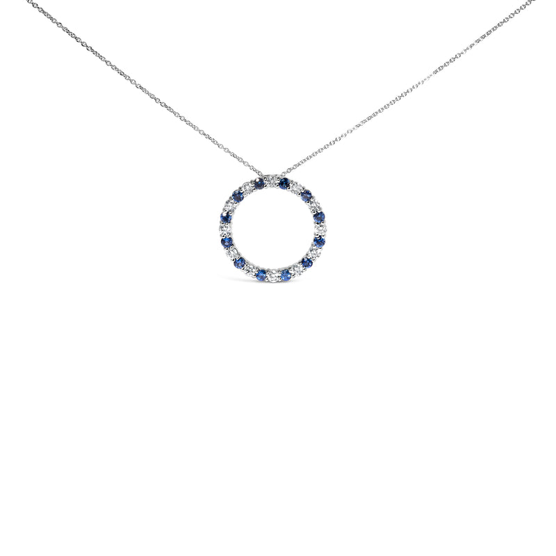 14K White Gold 2 3/5 Cttw Alternating White Diamond and Blue Sapphire Eternity Circle 18" Pendant Necklace (I-J Color, SI1-SI2 Clarity)