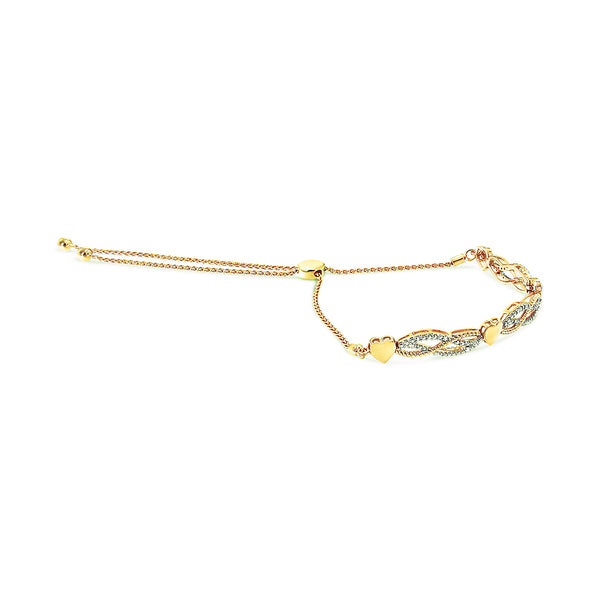 14K Yellow Gold Plated .925 Sterling Silver 1/10 Cttw Diamond Wave and Hearts Bolo Bracelet (I-J Color, I2-I3 Clarity) - 4"-10" Adjustable