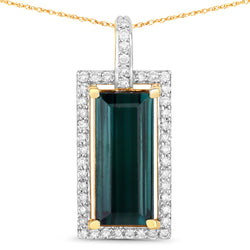 4.28 Carat Genuine Green Tourmaline and White Diamond 14K Yellow Gold Pendant