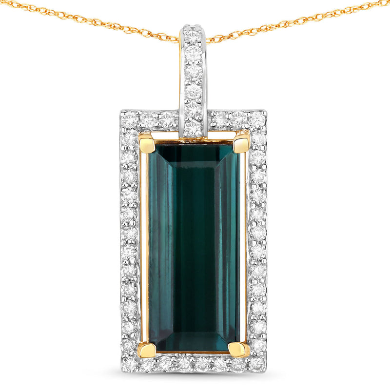 4.28 Carat Genuine Green Tourmaline and White Diamond 14K Yellow Gold Pendant