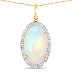 7.18 Carat Genuine Ethiopian Opal and White Diamond 14K Yellow Gold Pendant