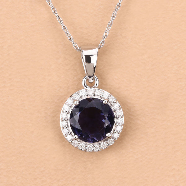 1.71 Carat Genuine Iolite and White Diamond 14K White Gold Pendant