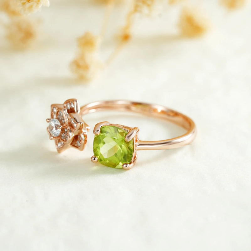 Rose Gold Plated Sterling Silver Peridot Opening Flower Engagement Ring for Women