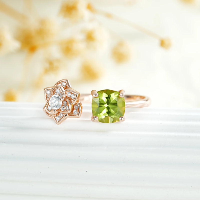 Rose Gold Plated Sterling Silver Peridot Opening Flower Engagement Ring for Women