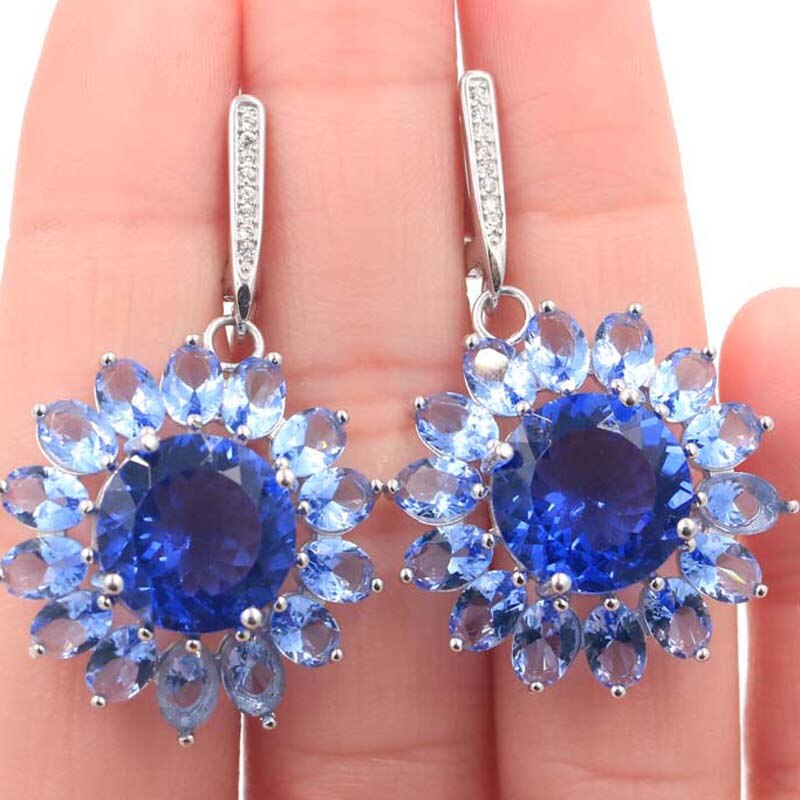 Sterling Silver 11g Round Tanzanite & Topaz Earrings for Women