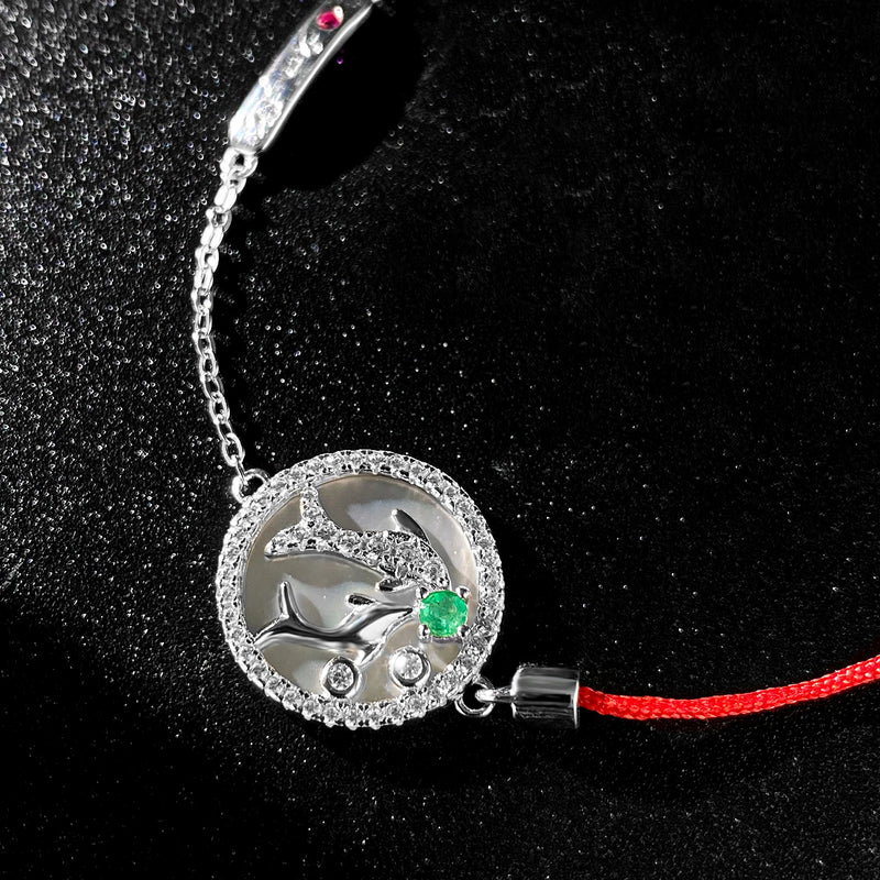 925 Sterling Silver Red String Emerald Bracelet for Women