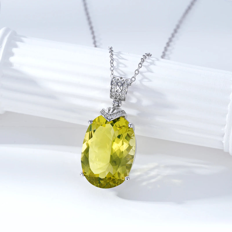 Sterling Silver Oval Lemon Quartz Pendant Necklace for Women