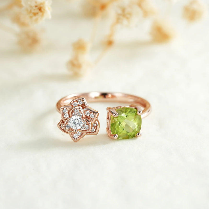 Rose Gold Plated Sterling Silver Peridot Opening Flower Engagement Ring for Women