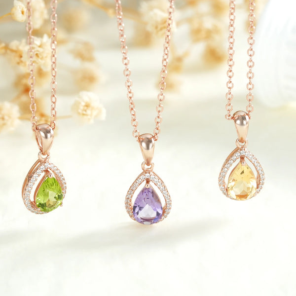 925 Sterling Silver Water Drop Amethyst Peridot Citrine Pendant Necklace for Women