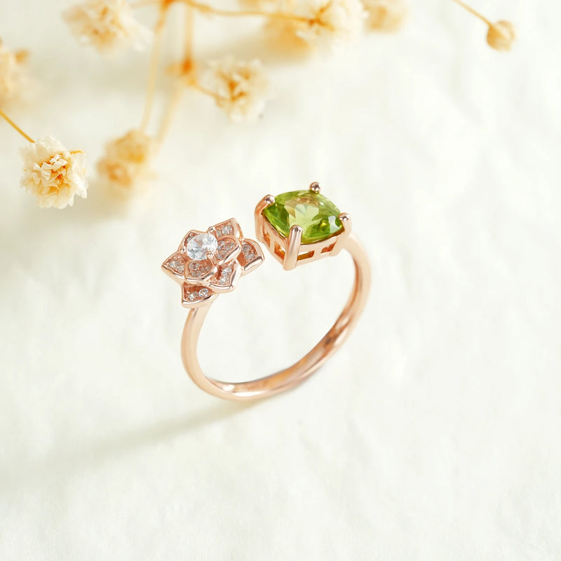 Rose Gold Plated Sterling Silver Peridot Opening Flower Engagement Ring for Women