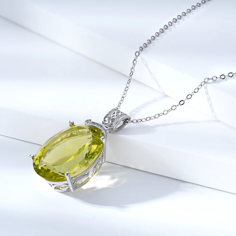 Sterling Silver Oval Lemon Quartz Pendant Necklace for Women