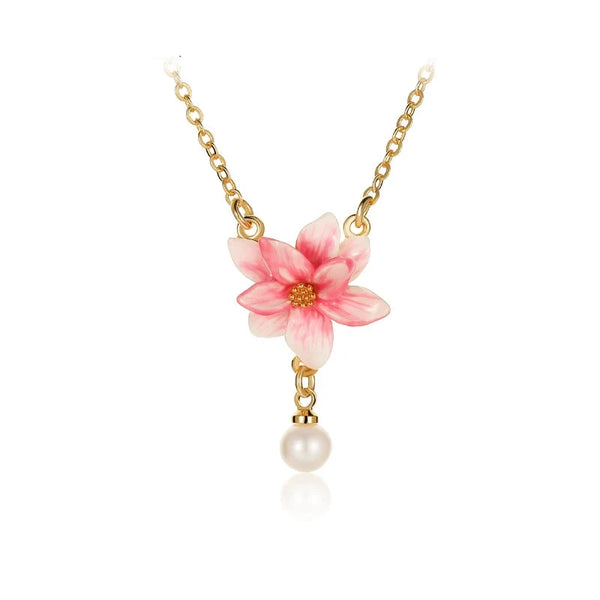 18K Gold Plated Pink Magnolia Flower Beads Necklace for Female