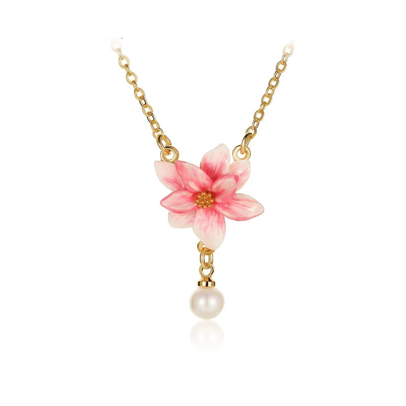 18K Gold Plated Pink Magnolia Flower Beads Necklace for Female