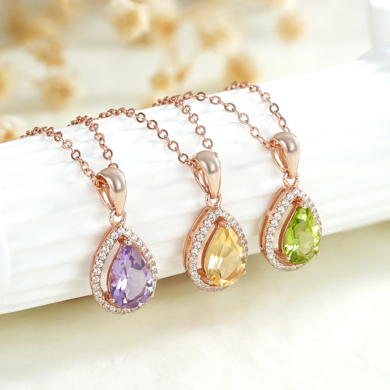 925 Sterling Silver Water Drop Amethyst Peridot Citrine Pendant Necklace for Women