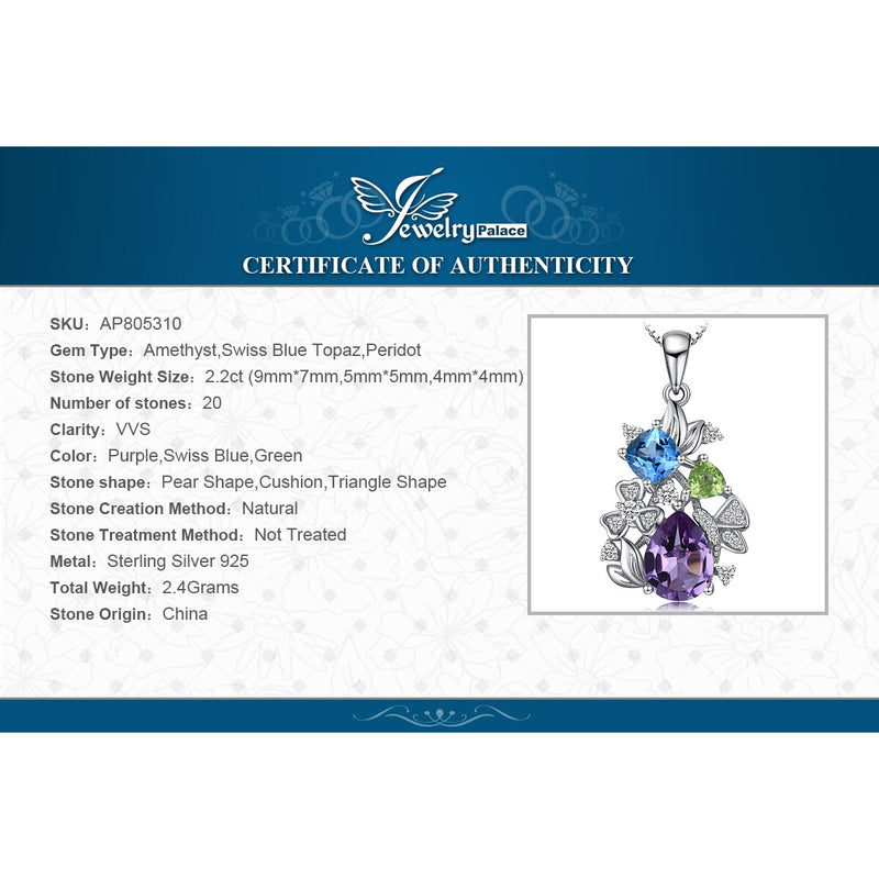 925 Sterling Silver Amethyst Blue Topaz Peridot Chrome Diopside Flower Pendant for Women