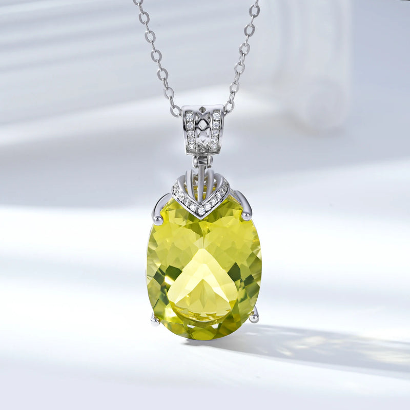 Sterling Silver Oval Lemon Quartz Pendant Necklace for Women