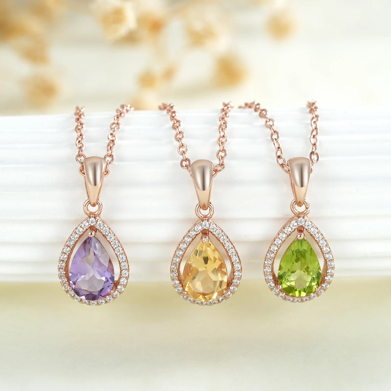 925 Sterling Silver Water Drop Amethyst Peridot Citrine Pendant Necklace for Women