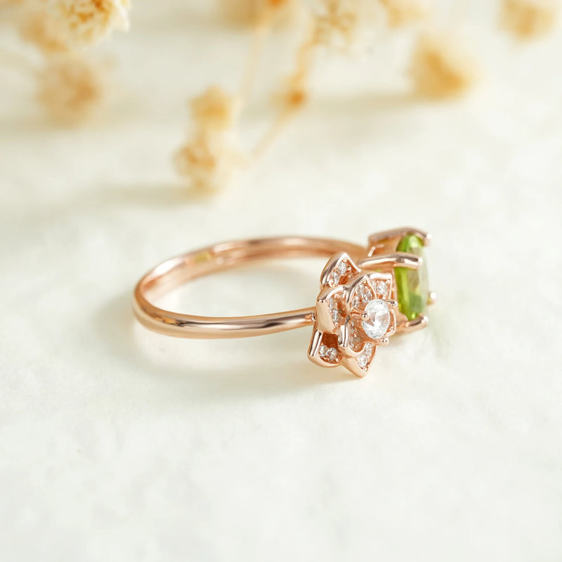 Rose Gold Plated Sterling Silver Peridot Opening Flower Engagement Ring for Women