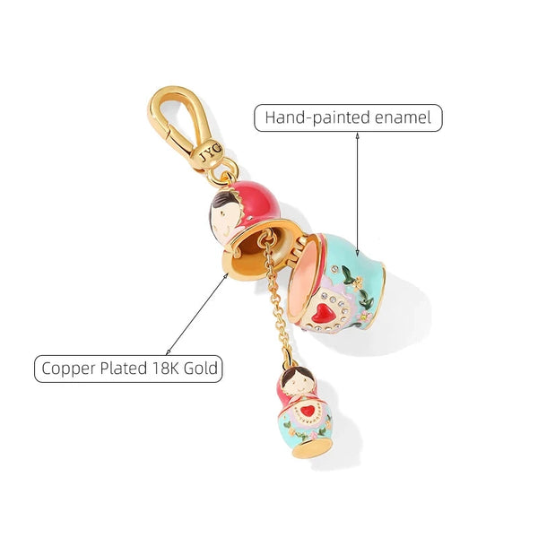 Sterling Silver Russian Matryoshka Doll Keychain Charm Necklace for Women