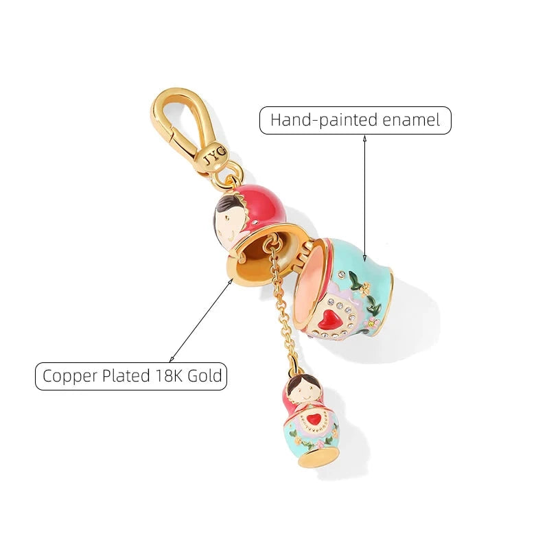 Sterling Silver Russian Matryoshka Doll Keychain Charm Necklace for Women