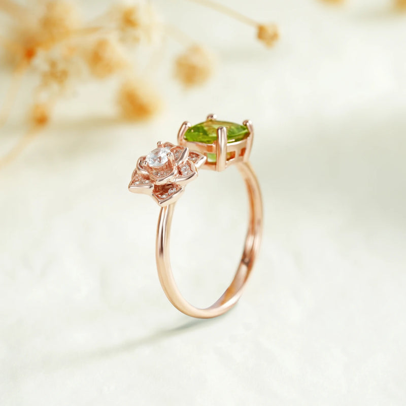 Rose Gold Plated Sterling Silver Peridot Opening Flower Engagement Ring for Women