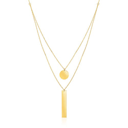 14k Yellow Gold 18 inch Two Strand Necklace with Circle and Bar Pendants