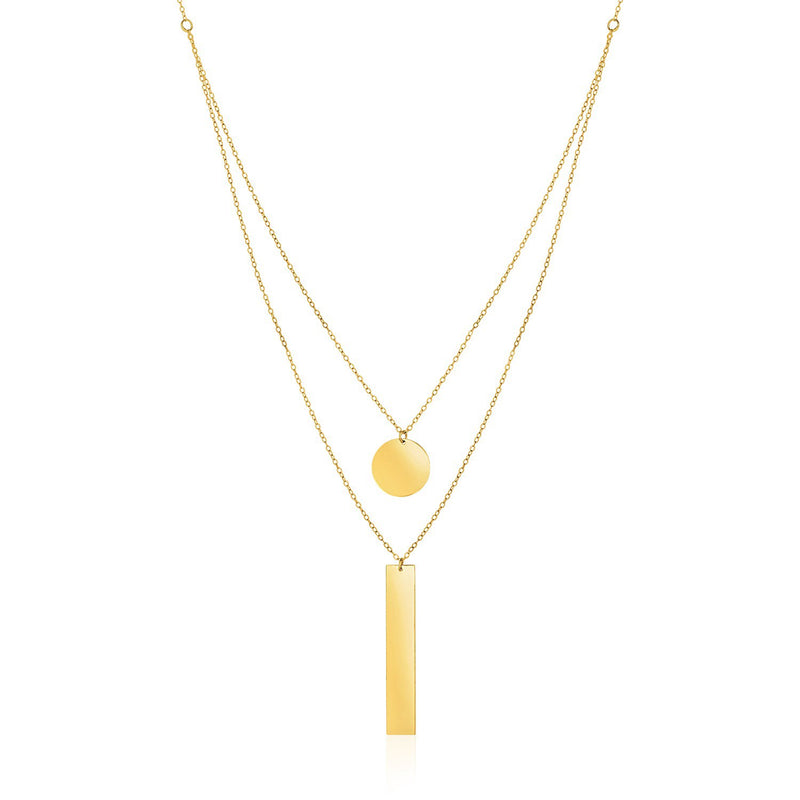 14k Yellow Gold 18 inch Two Strand Necklace with Circle and Bar Pendants