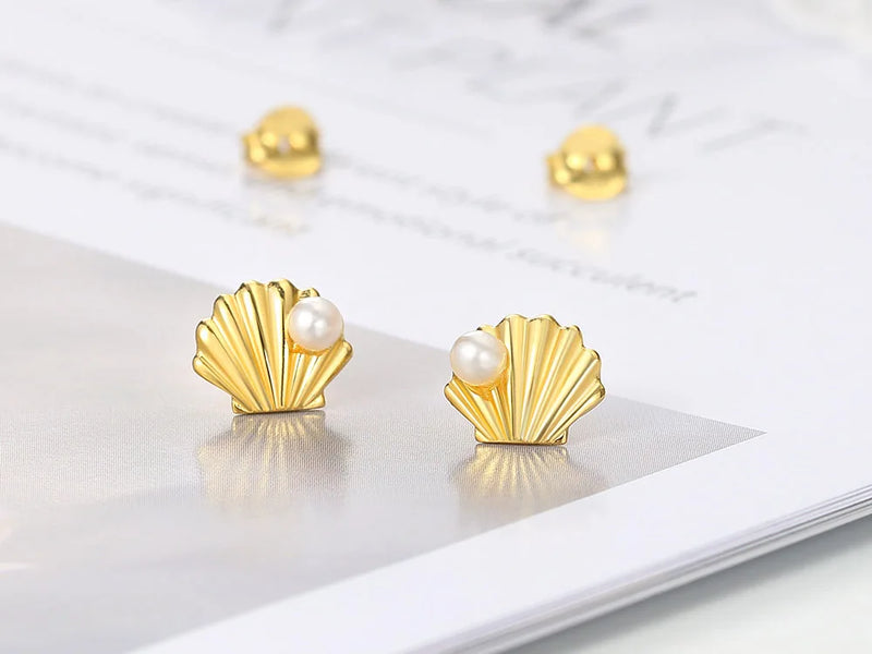 925 Silver 14K Gold Plated Freshwater Pearl Shell Stud Earrings for Women