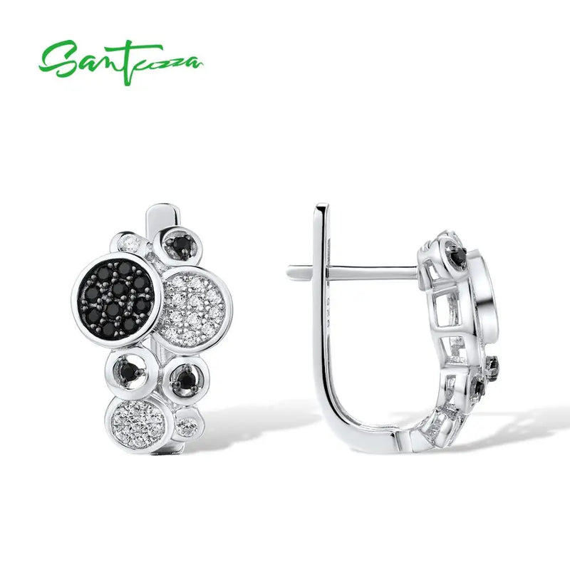 925 Sterling Silver Round Black Spinel White CZ Stud Earrings for Women