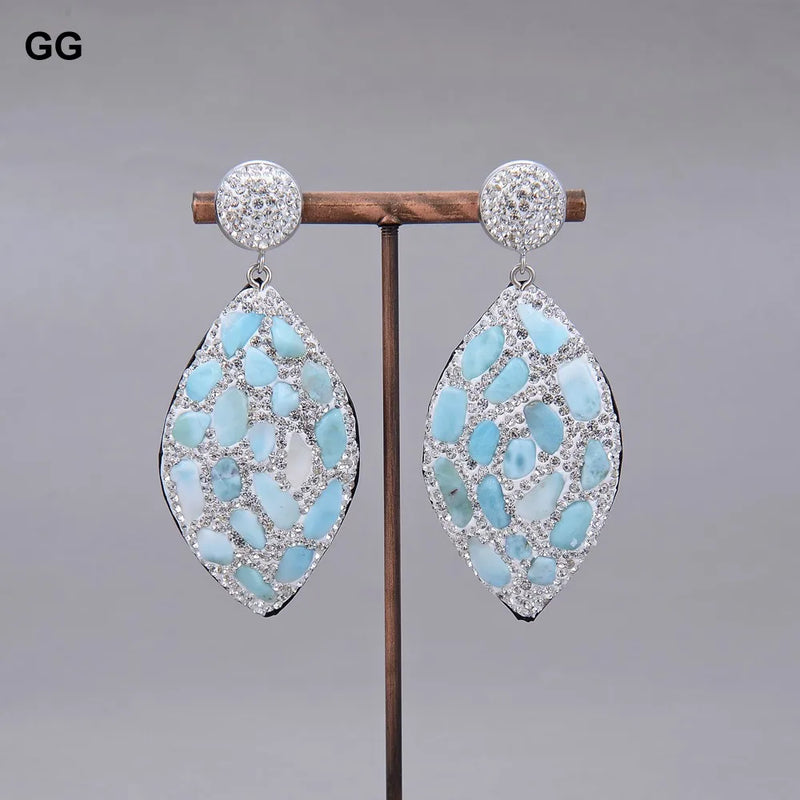 Sterling Silver Natural Blue Larimar Stone Rhinestone Dangle Stud Earrings for Women