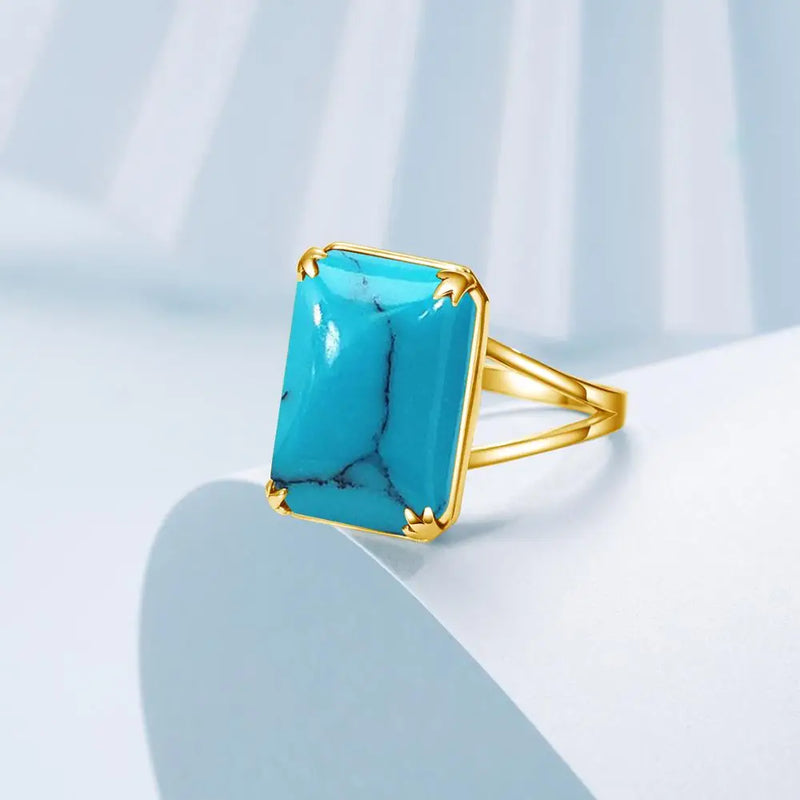 Sterling Silver Turquoise 925 Shiny Gold Plated Punk Ring For Women