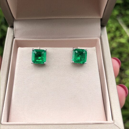 Sterling Silver Emerald Cut Emerald Earrings for Women