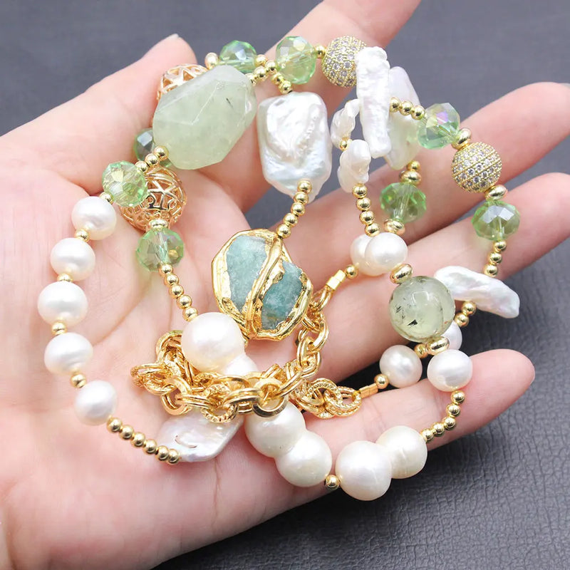 Gold Plated Natural White Pearl & Green Amazonite Crystal Long Necklace for Women