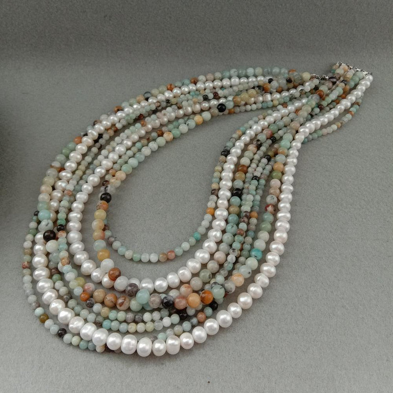 Gold Plated 4mm Amazonite & Freshwater Pearl Mixed Color Necklace for Women