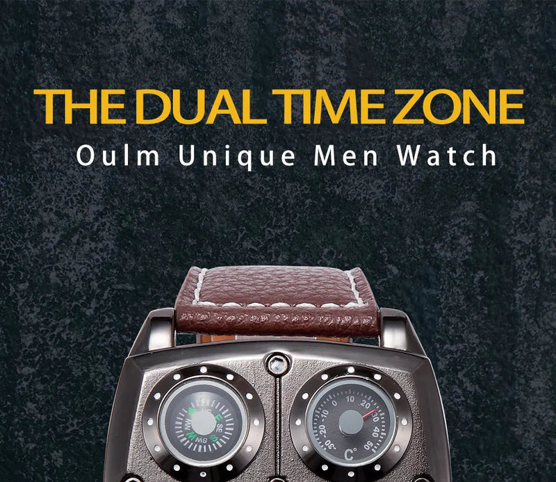 Luxury Two Time Zone Sports Watch with Leather Strap and Big Dial for Men - Military Style Quartz Movement