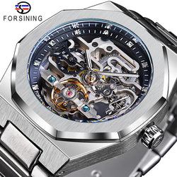 Stainless Steel 3D Diamond Casual Automatic Skeleton Watch with Luminous Markers for Men