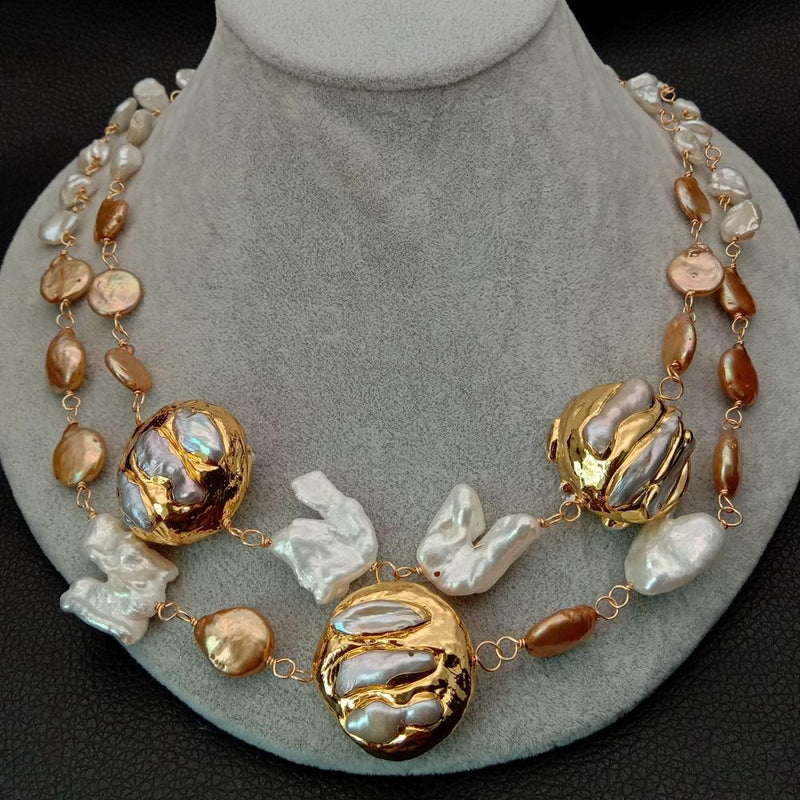 20\" Cultured white keshi pearl champagne coin pearl 24 K Yellow Gold color Plated Pearl statement Necklace party women