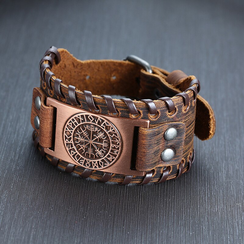 Leather Wolf Viking Compass Charm Bracelet for Men