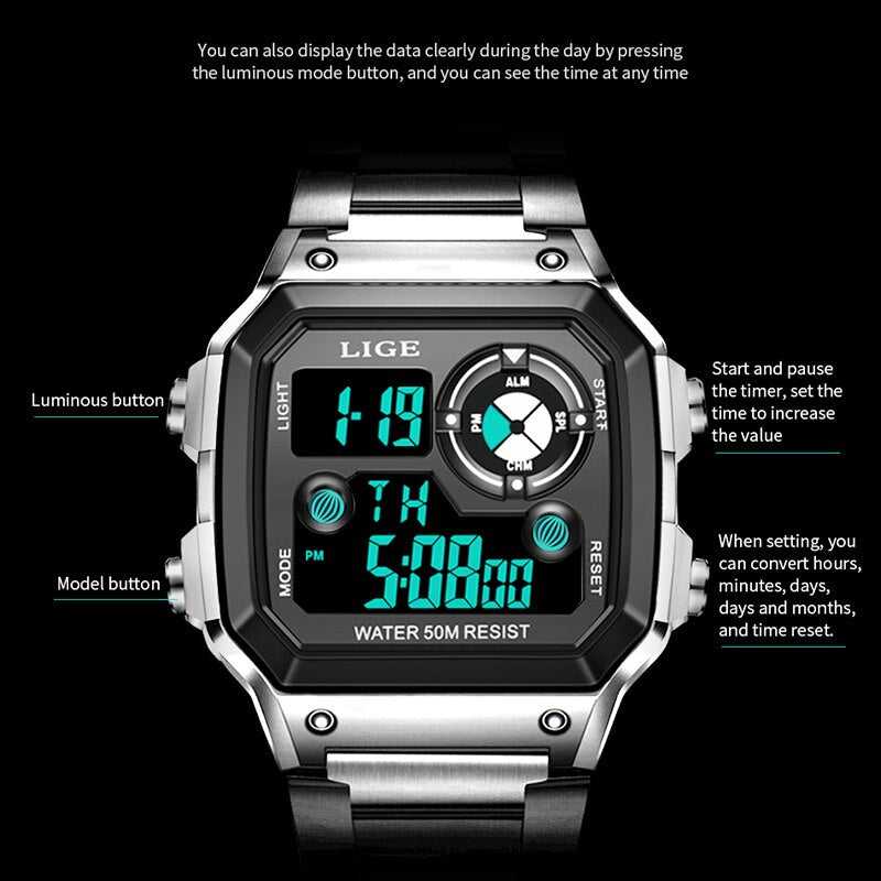 Stainless Steel Digital Military Sport Watch for Men