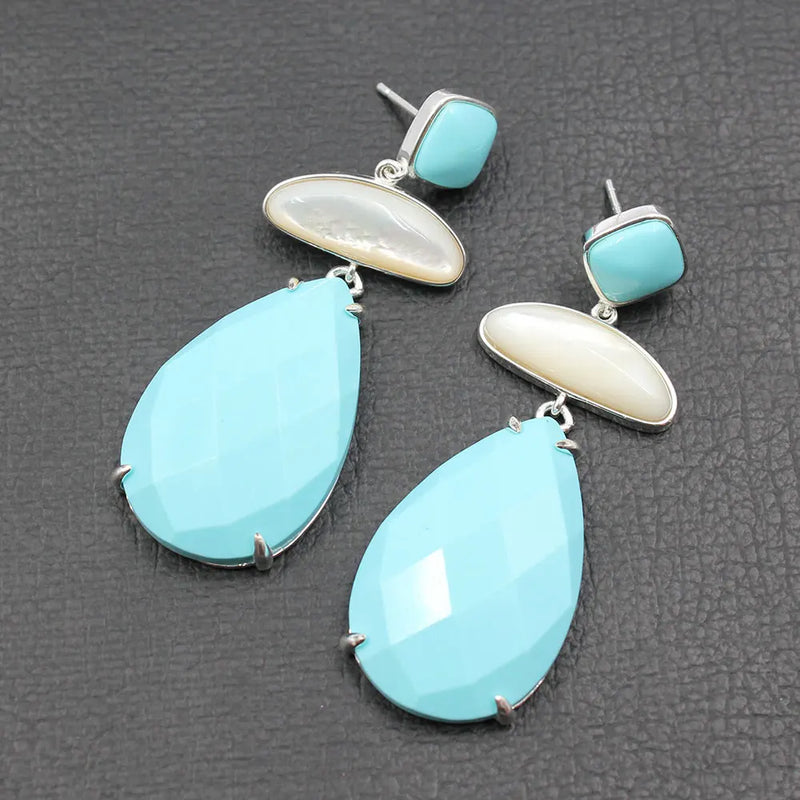 Sterling Silver Natural White Shell Blue Turquoise Dangle Stud Earrings for Women