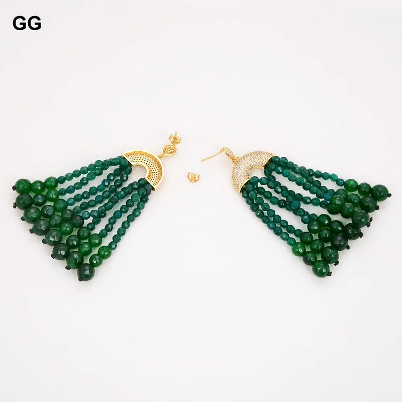 Gold Plated Round Green Jade Agate Earrings with CZ Accent For Women