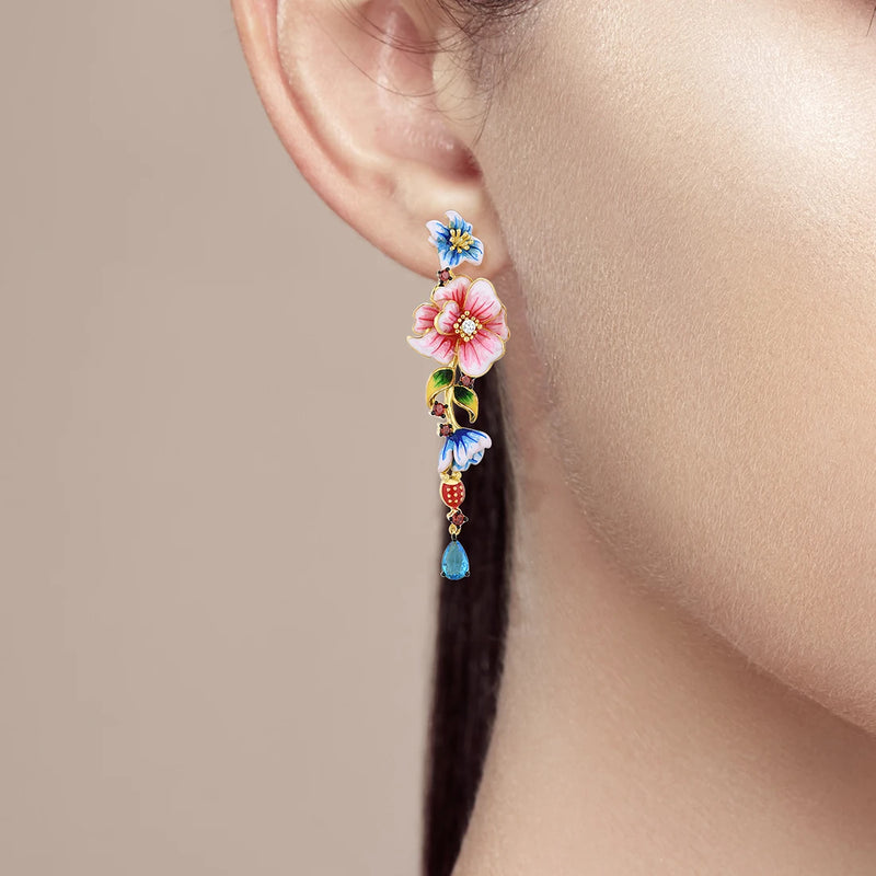 Sterling Silver Colorful Enamel Flower Drop Earrings for Women