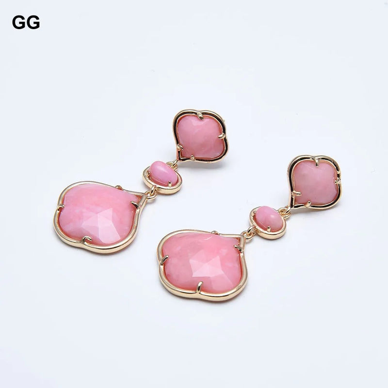 Gold Plated Peach Pink Jade Flower Dangle Stud Earrings for Women