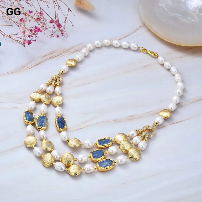 Gold Plated Freshwater Cultured White Rice Pearl Blue Kyanite Choker Necklace for Women