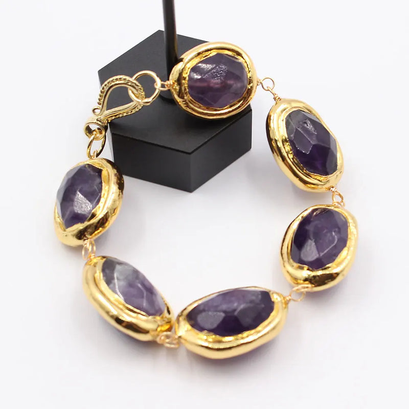 Gold Plated Purple Amethyst Oval Egg Bracelet for Women