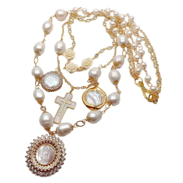 YYGEM Freshwater White Rice Pearl Gold Plated Chian statement Necklace White Shell Virgin Mary Charm Pendant 20 for women\"