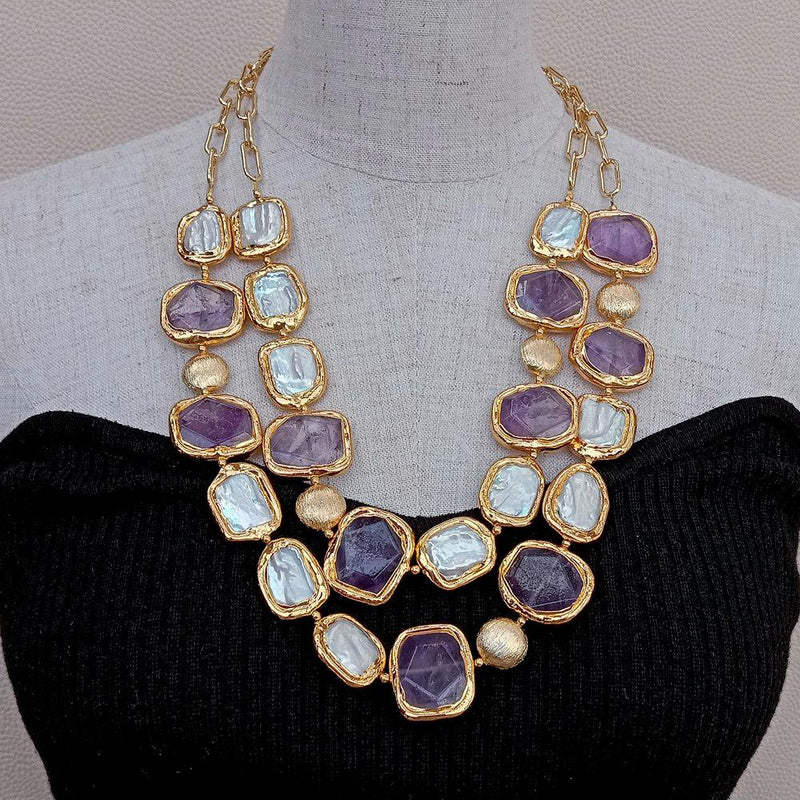 Gold Plated Cultured White Keshi Pearls & Amethyst Chunk Necklace for Women