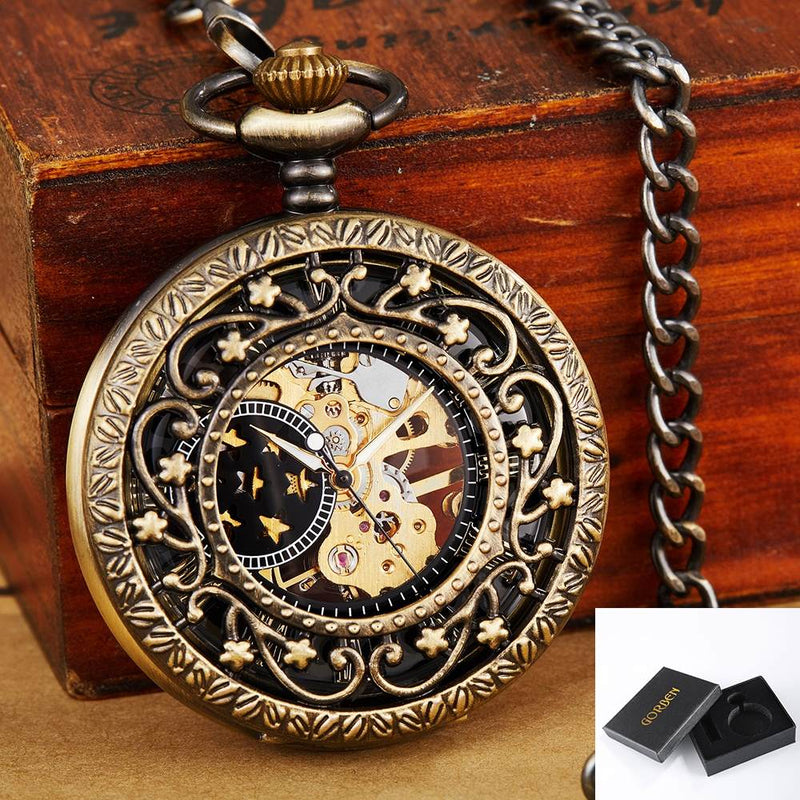 Gold Skeleton Hollow Pocket Watch with FOB Chain for Mens and Womens