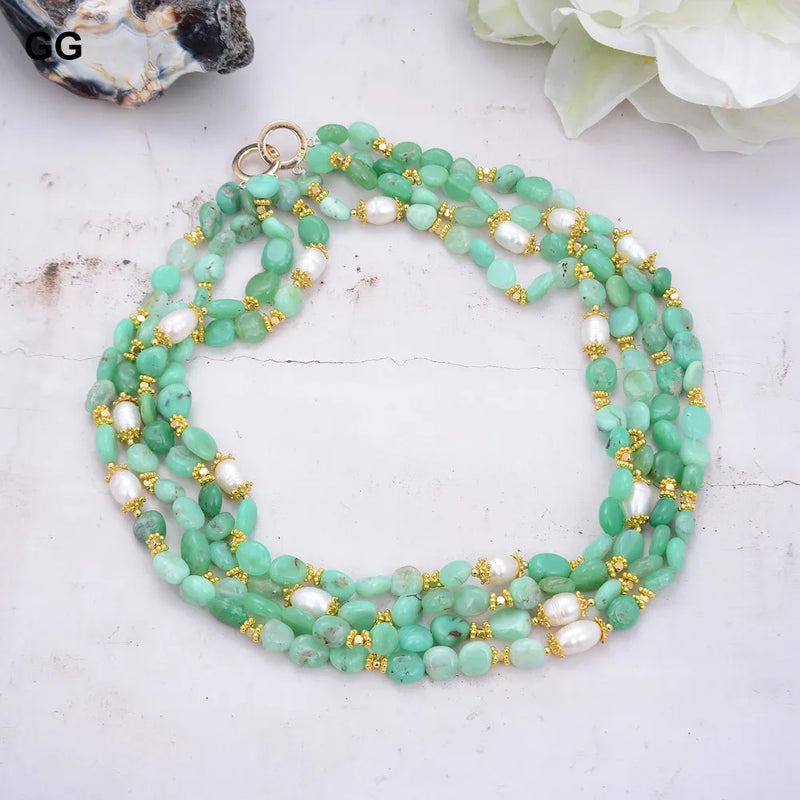 White Rice Pearl and Chrysoprase Necklace for Women